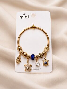 Mint Gold Charm Bracelet Evil Eye Turtle Hamsa Handmade Boho Jewelry NWT
